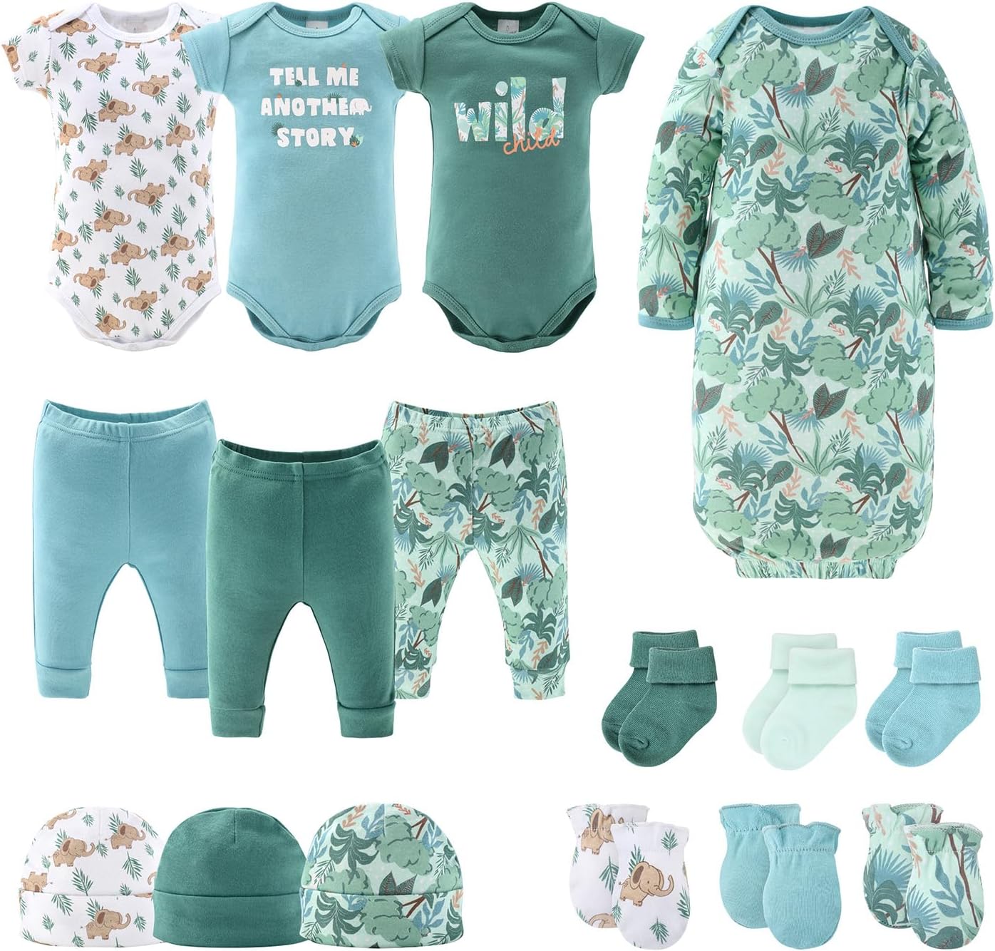Baby Layette Gift Set for Boys or Girls - Unisex Newborn to 9 Months Baby Clothes & Essentials - Wild Jungle