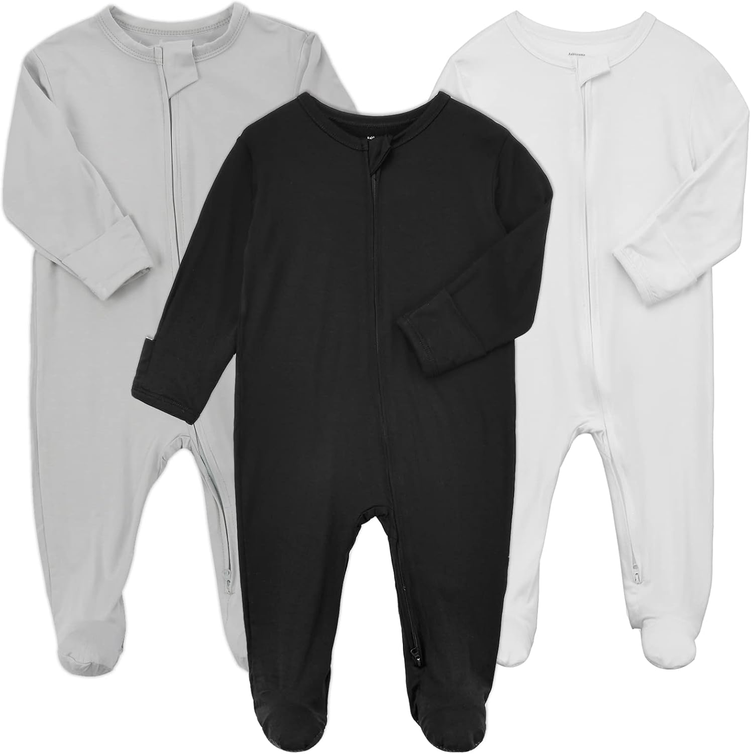 Baby Zipper Pajamas Bamboo Rayon, 3pcs Unisex Infant Onesie with Mitten Long Sleeve Footed Pjs Black & White & Grey 12-18 Months