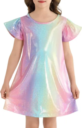 Girls Party Dress Metallic Shiny Sparkly Colorful Flutter Sleeve Swing Midi Prom Dress 5-6 Years Rainbow