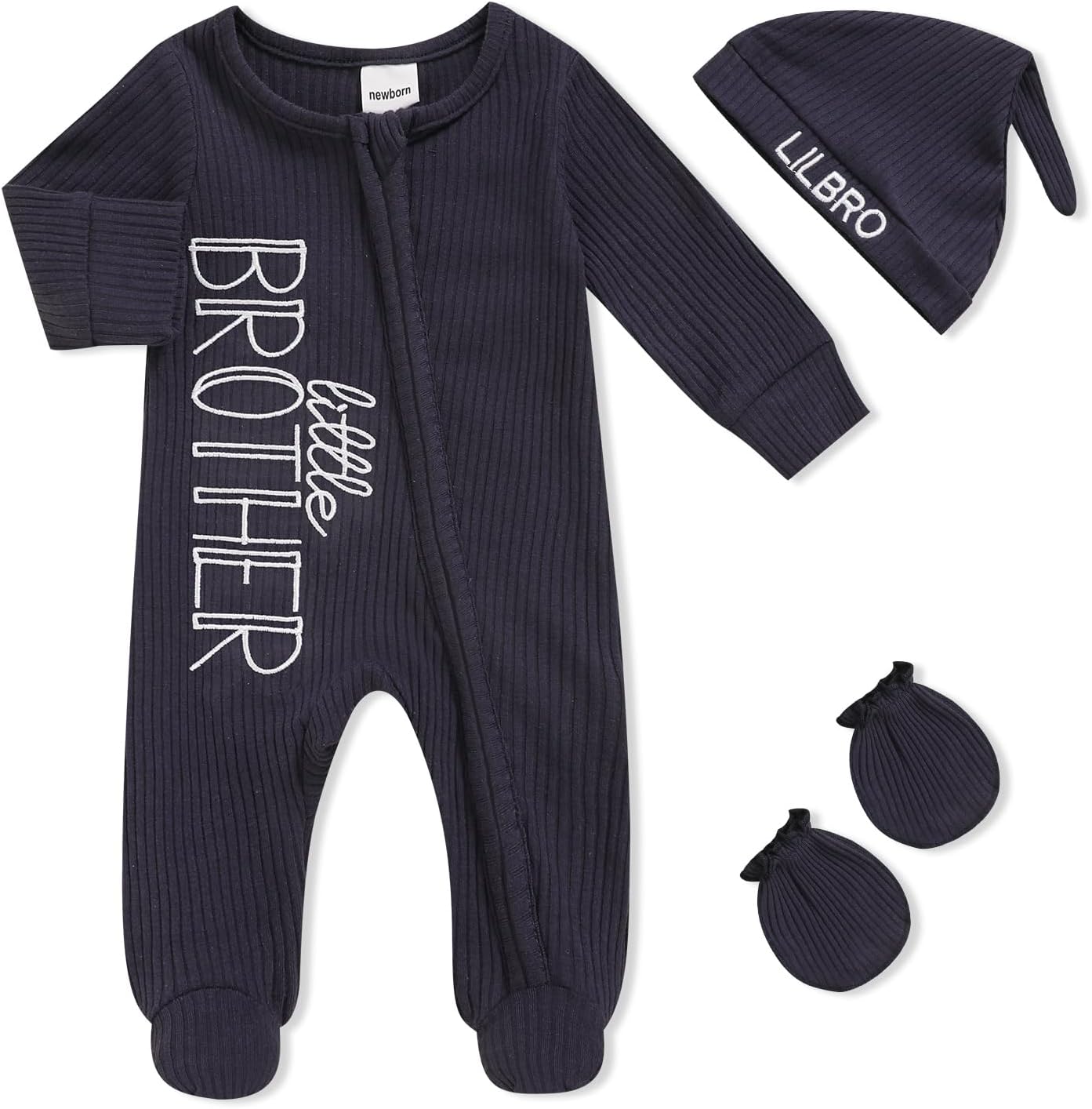 Newborn Baby Boy Fall Winter Outfits Zippered Romper Letter Embroidered Coming Home Jumpsuit with Hat Mittens Navy Blue 0-3 Months