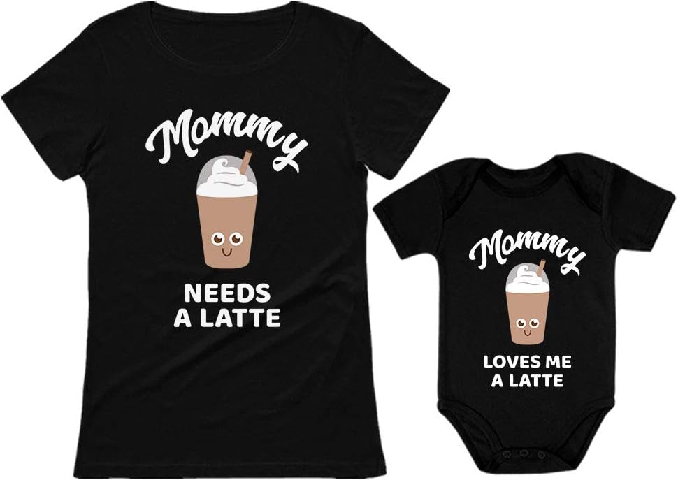 Mommy Needs a Latte Mom and Infant Matching Shirts - Funny Coffee Gift - Mother's Day Mother Baby Outfit Women's X-Large / Baby NB (0-3M) Women's Black / Baby Black