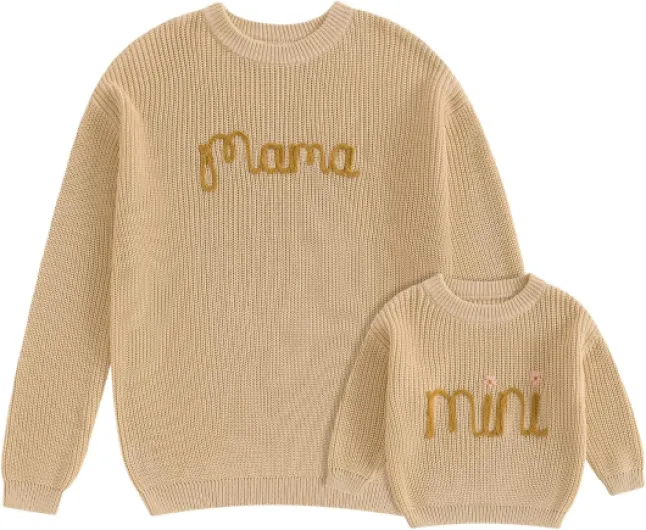 Mommy and Me Matching Outfits Mama and Mini Long Sleeve Crewneck Sweater Pullover Tops Mother Baby Matching Clothes Baby 0-3 Months Beige