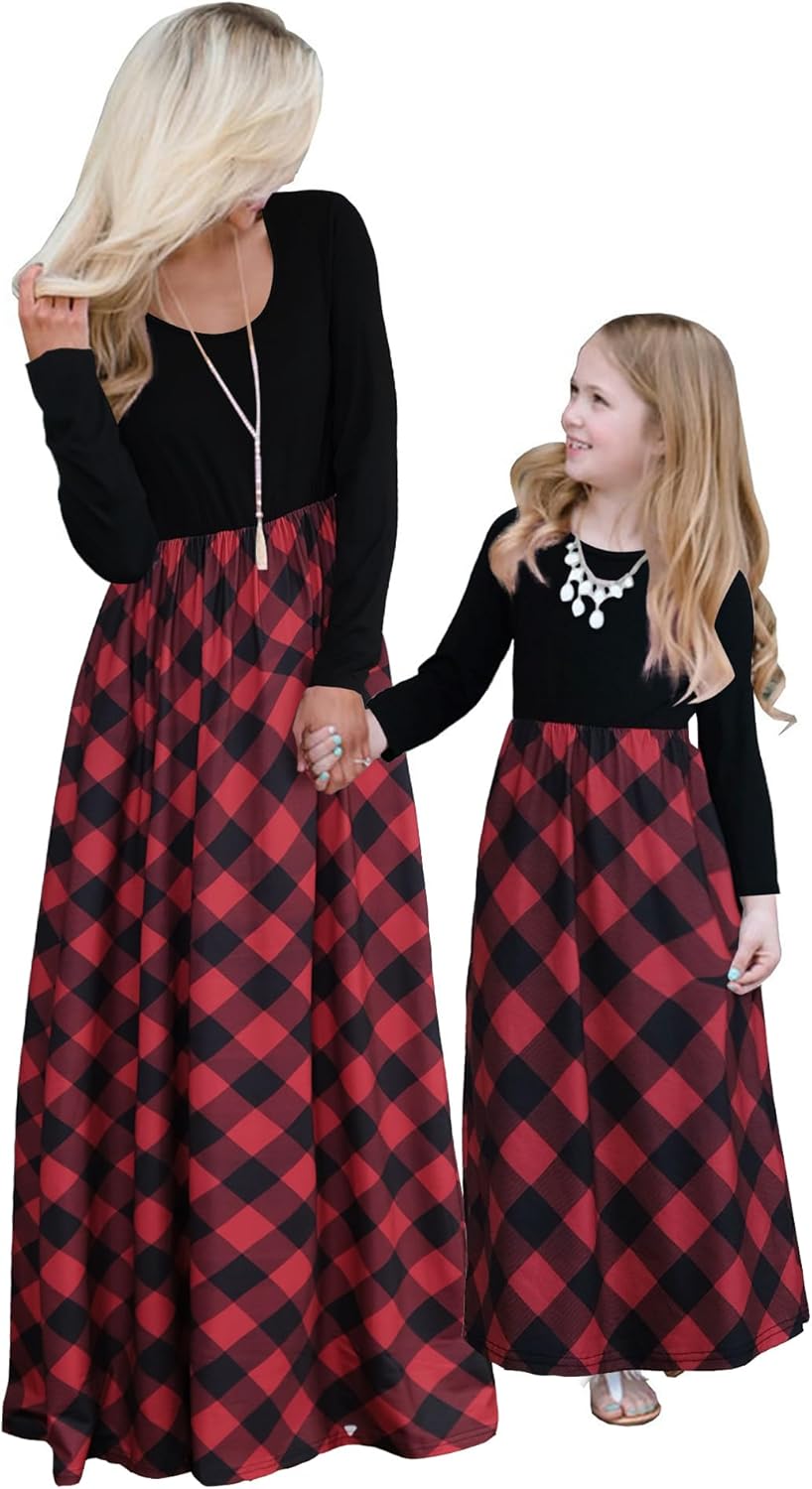 Mommy and Me Long Sleeve Matching Maxi Dress Mother and Daughter Boho Striped Chevron Outfit Clothes 5-6 Years X-plaid-red