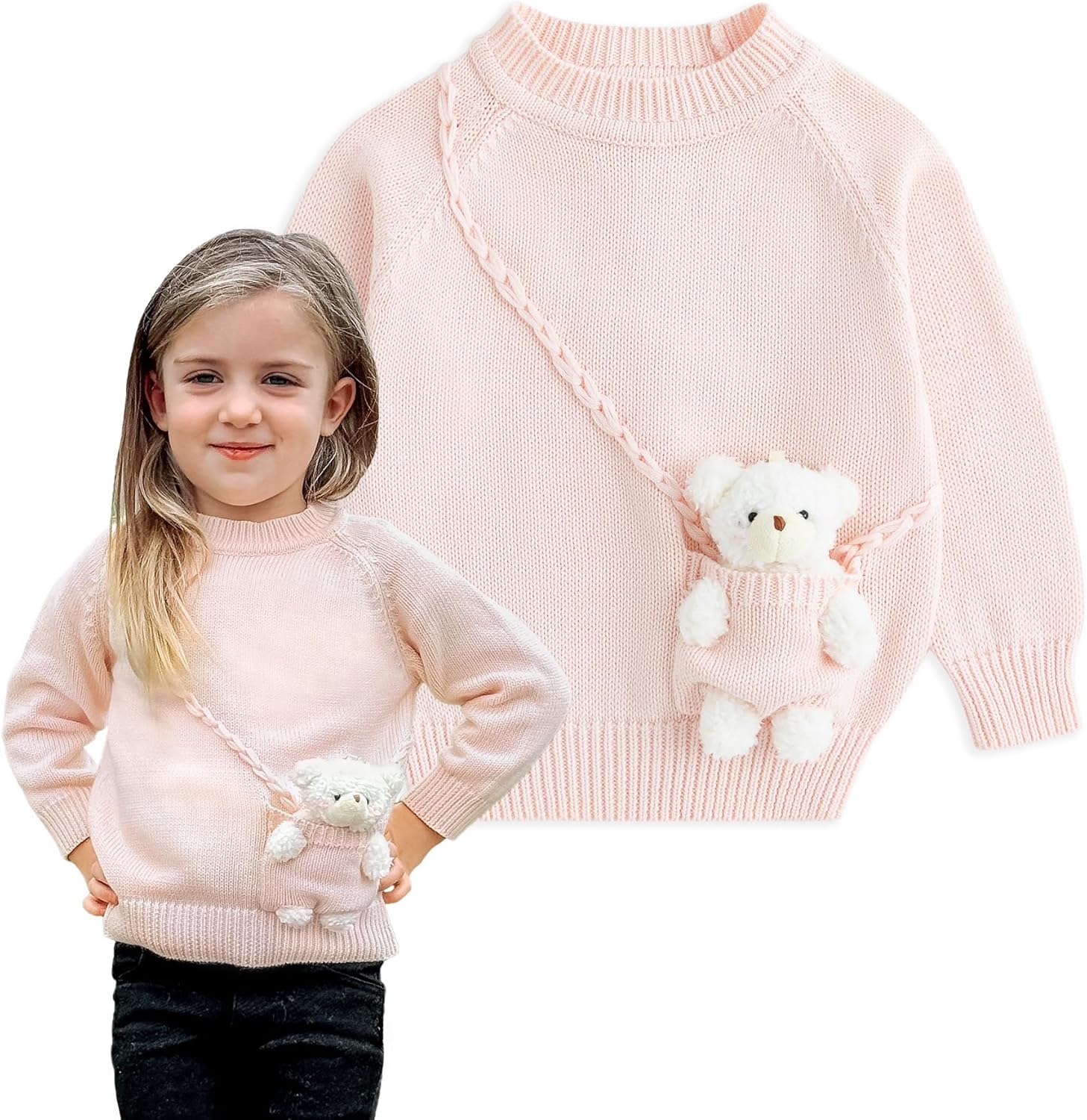 Baby Sweater with Bear in The Pocket Hand Crocheted Pullover Sweater Knit Toddler Clothes for Winter and Fall B-pink Bear 18 Months