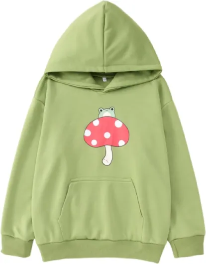 Girls Cute Mushroom Frog Sweatshirt Kawaii Long Sleeve Hoodie Pullover Tops with Pocket Kids Aesthetic Clothes 12-13 Years Green-01