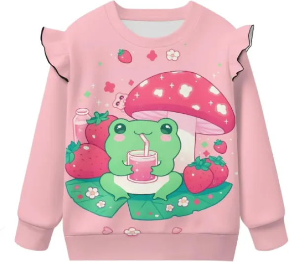 Fshoutleap Little Girls Sweatshirts Long Sleeve Crewneck Pullover Toddler Kids Winter Warm Shirt Sweater Tops 1t-8t Mushroom Frog Pink 3-4T