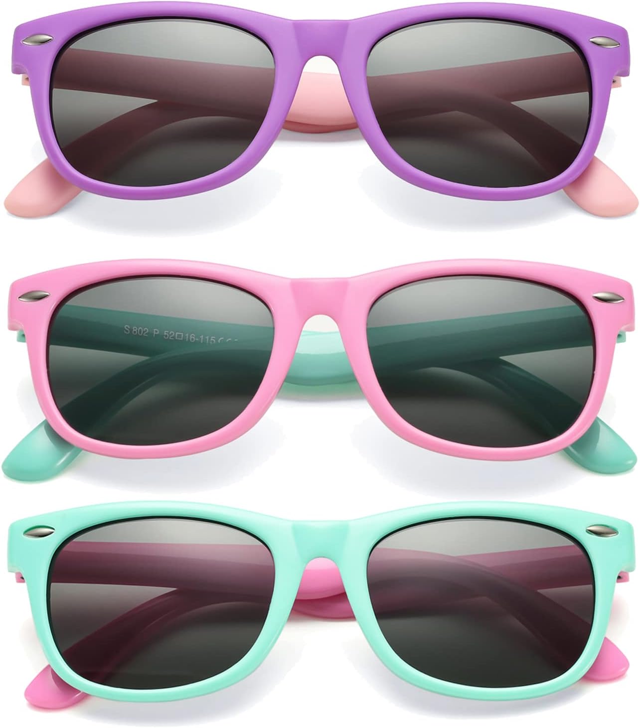 Kids Polarized Sunglasses TPEE Rubber Flexible Shades for Girls Boys Age 3-9 3 Pack - (Applegreen + Purple/Grey + Rosepink/Grey) (Age 3-9) - 45 Millimeters