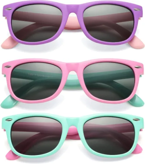Kids Polarized Sunglasses TPEE Rubber Flexible Shades for Girls Boys Age 3-9 3 Pack - (Applegreen + Purple/Grey + Rosepink/Grey) (Age 3-9) - 45 Millimeters