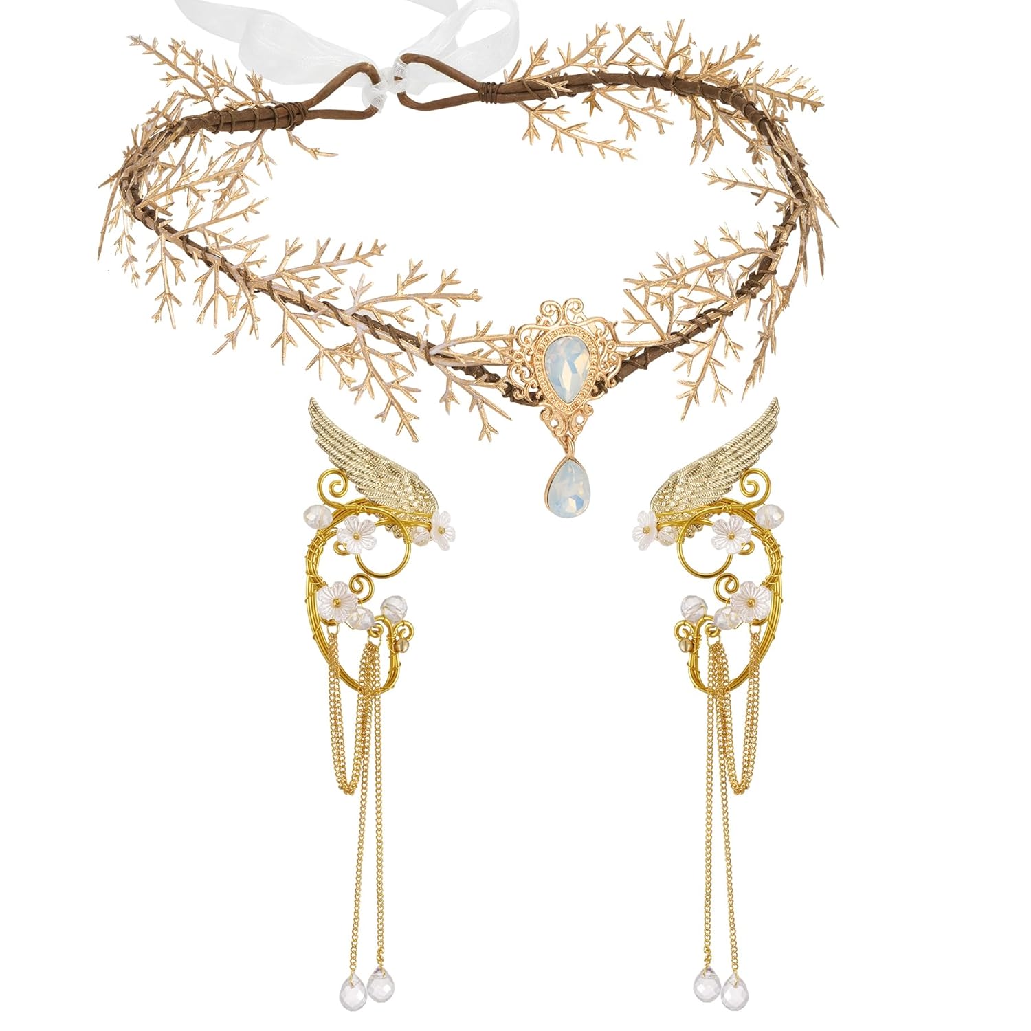 Fairy Flower Hairband with Elf Ears, Halloween Fairy Headpiece for Women, Leaf Elf Circlet with Wings Cuff Earrings, Leaf Floral Elven Hairband Set for Photoshoot Cosplay Party Set-Leaf-Gold-A 1 Count (Pack of 1)