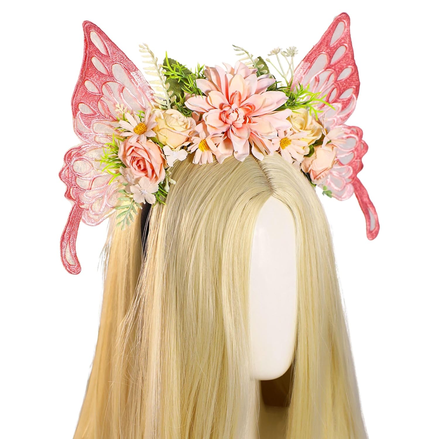 Pink Butterfly Fairy Headband - Flower Crown with Wings Woodland Floral Hairband Elf Forest Headpiece for Women Princess Renaissance Renfaire Fairy Outfit Cosplay Photo Shoot