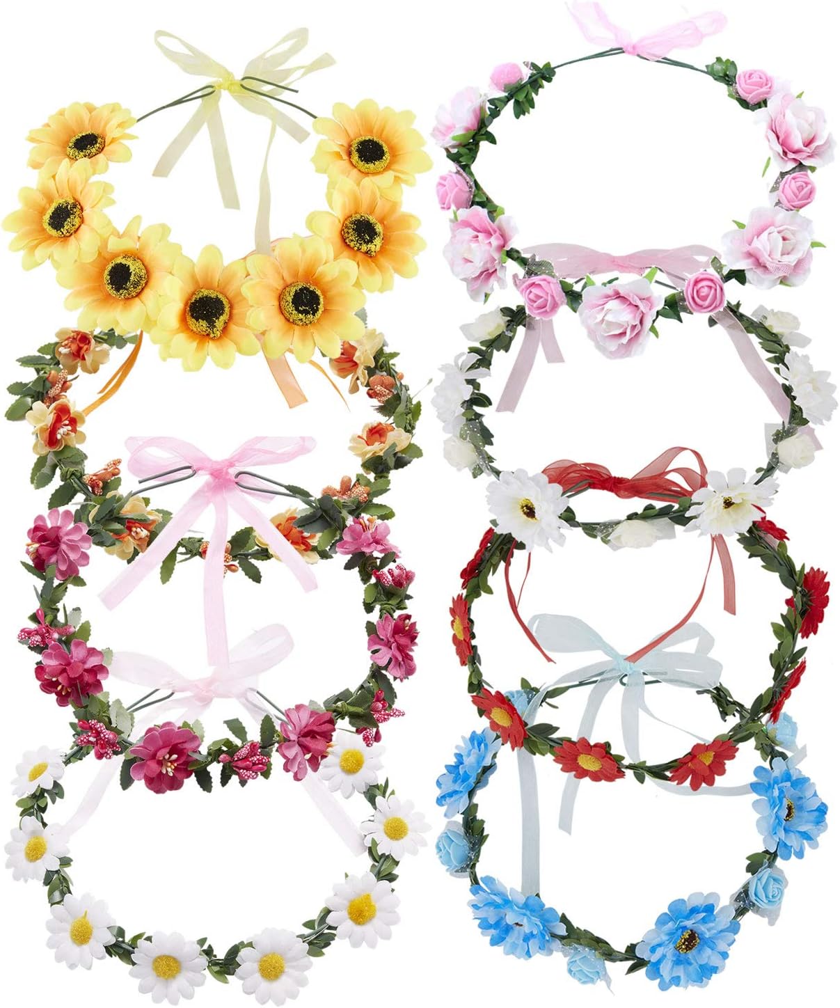 8 Pack Boho Flower Crowns Floral Wreath With Ribbon Halo Headbands Garland Wedding Bridal Bridesmaid Headpiece Tiara Sunflower Daisy Rose Hairbands Hawaiian Party Accessories for Kids Women Girl