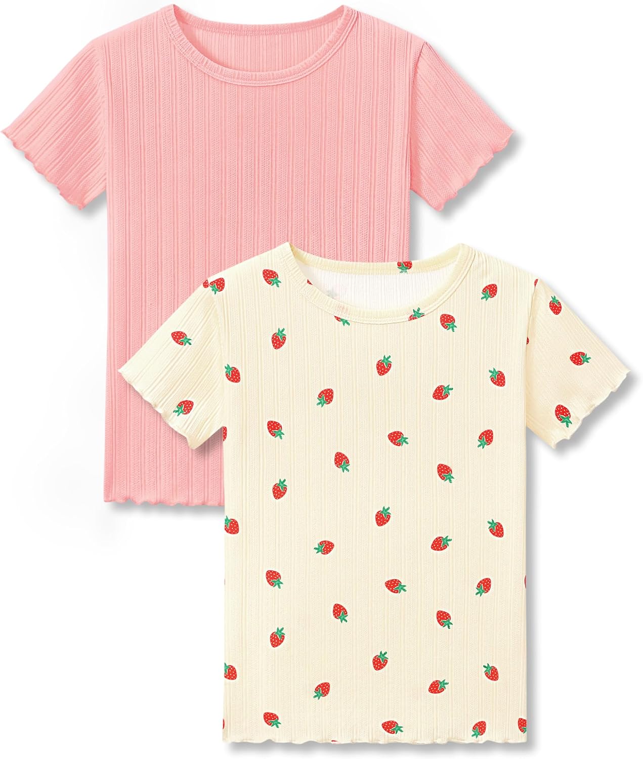 2 Pack Girls Lettuce Trim Tee Shirts - Light Blue Ditsy Floral & Pink Pointelle Knit Blouse Tops Size 6-16 10 White Strawberry & Peach-pink