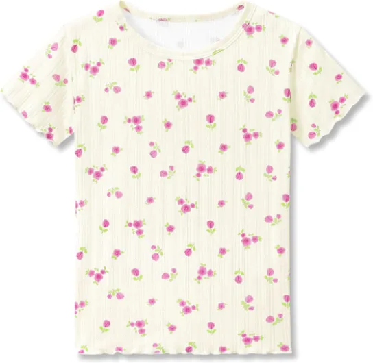 Girls Short Sleeve Shirts Pointelle Knit Lettuce Trim Tee Shirt Tops - Little Girl Light Pink Blouse Size 6-16 12 White Ditsy Floral