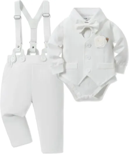 Baby Boy Clothes Suit Infant Gentleman Wedding Outfit Dress Shirt+Bowtie+Vest+Corsage+Suspender+Pants 6Pcs Set 0-24M White 3-6 Months