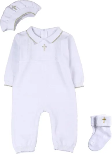 Baby Boy Baptism Outfit with Hat Christening Outfit-Cross Detail Pure White 12-15M