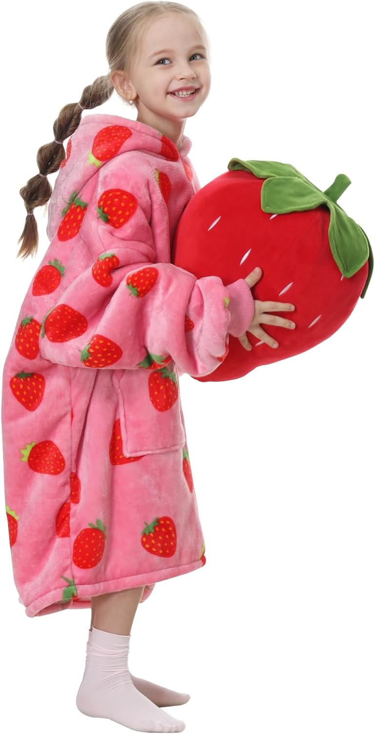 Strawberry Blanket Hoodie Gifts for Kids,Oversize Sherpa Wearable Blanket,Cozy Sweatshirt Blanket for Girls Strawberry/Kids Kids
