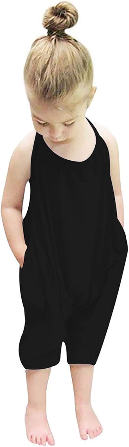 Backless Strap Slouch Jumpsuit for Toddler Girls Cute Harem Halter Romper Pants with Pockets 1-2T Black