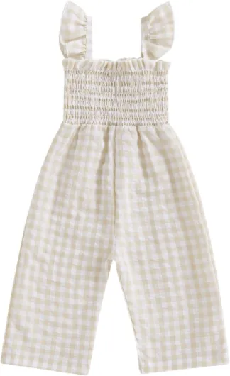 Infant Kids Summer Clothes Toddler Baby Girl Romper Jumpsuit Overall Pants Plaid Sleeveless Ruffle Halter One Piece Outfit Khaki 18-24 Months