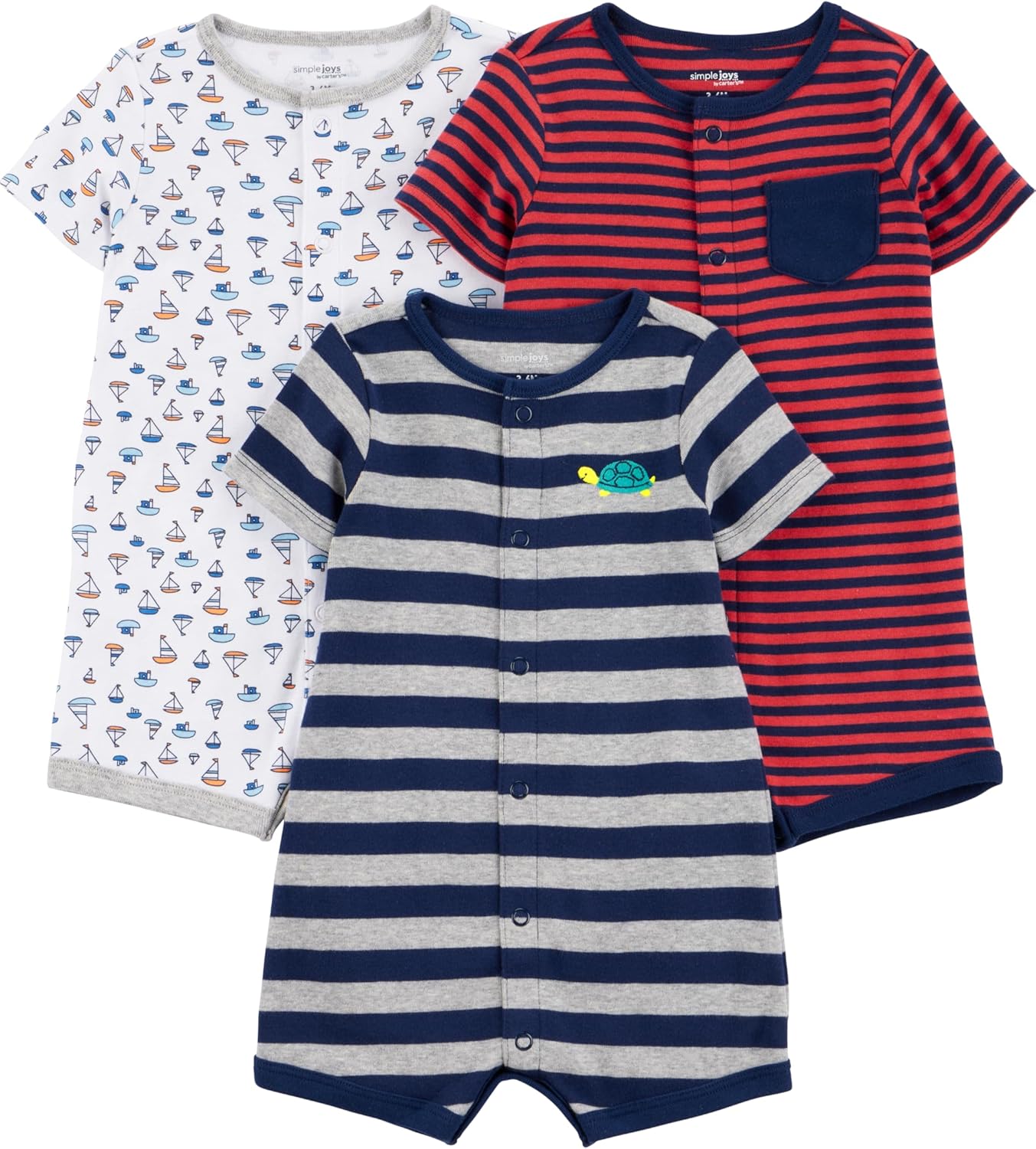 Simple Joys by Carter's Baby 3-Pack Snap-up Rompers Grey Stripe/Red Mini Stripe/White Sailboats 18 Months