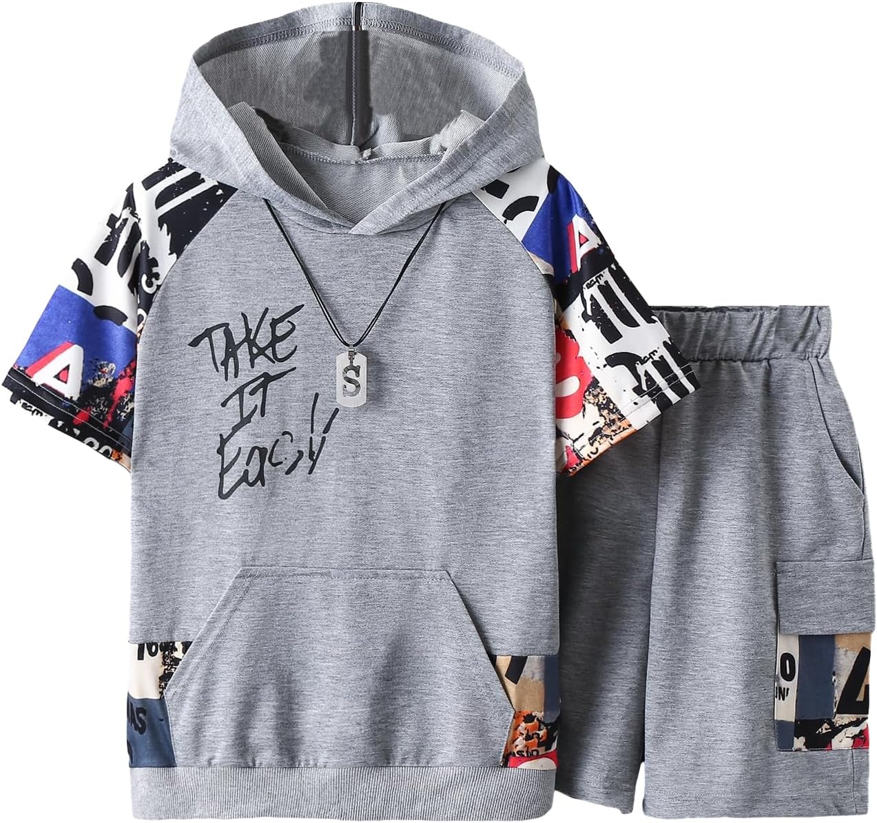 Boys' 2 Piece Outfits Letter Graphic Colorblock Short Sleeve Hooded T Shirt and Shorts Set 12 Years Grey