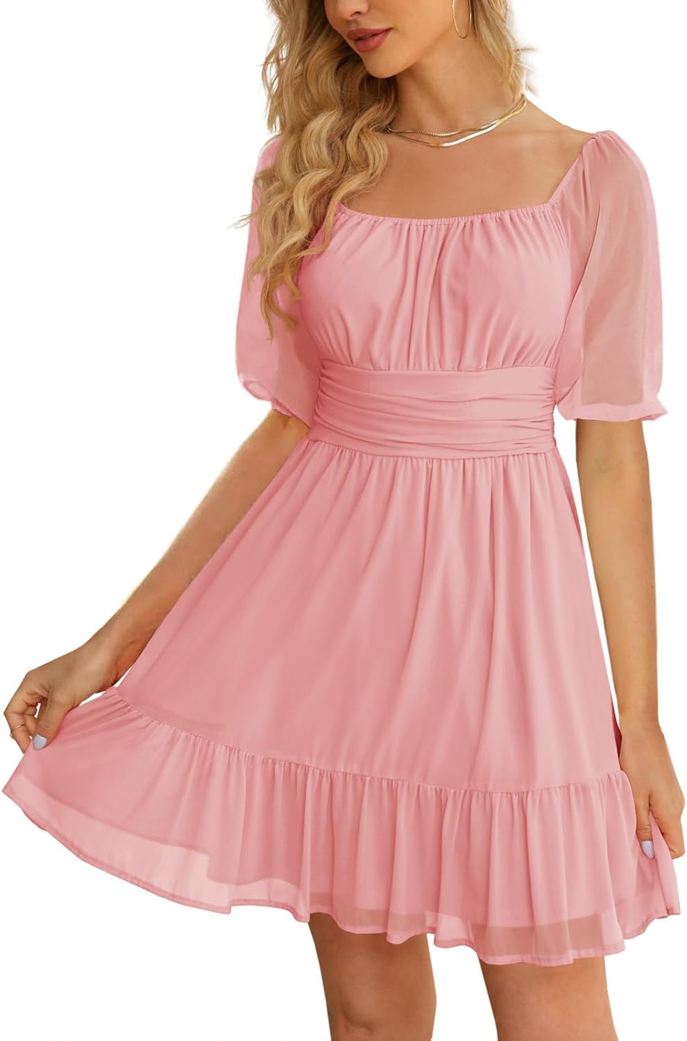 Womens Puff Short Sleeve Mini Dress Mesh Square Neck High Waist Ruffle Hem Flowy Party A Line Dress Pink Small