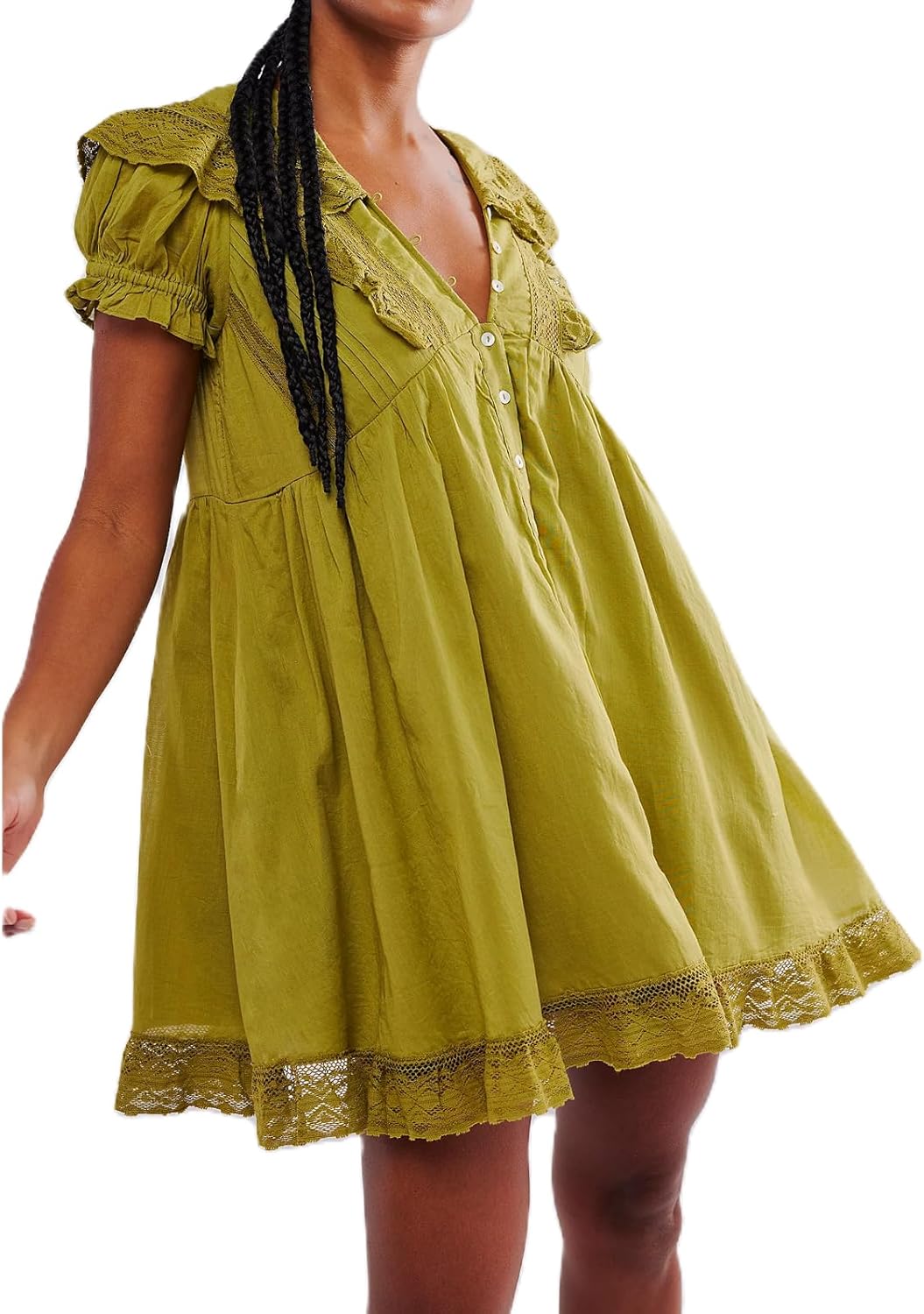 Womens Y2k Cute Babydoll Mini Dress Puff Sleeve Coquette Short Ruffle Dresses with Bow V Neck Green Small