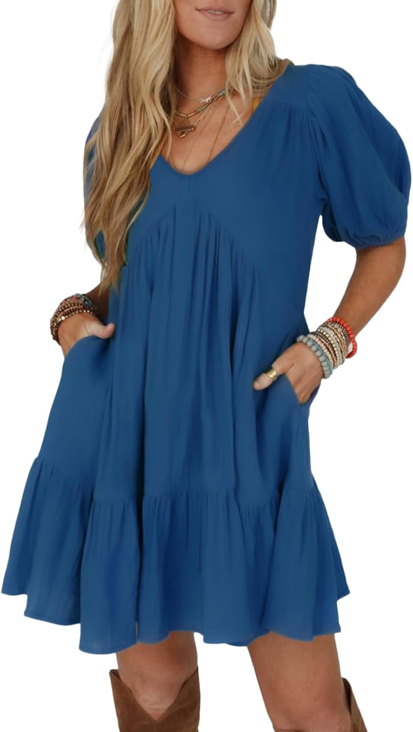 Women's Summer Dresses 2025 Beach Casual Deep V Neck Loose Sundress Short Sleeve Mini Dress Medium Blue
