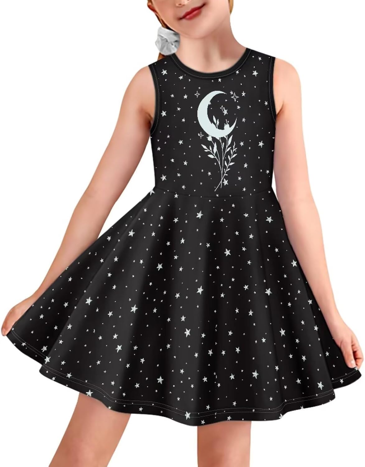 Girls Cute Dress Sleeveless Swing Skater A-Line Dress Casual Party Summer Outfits Funny Print 7-8 Years Moon Star