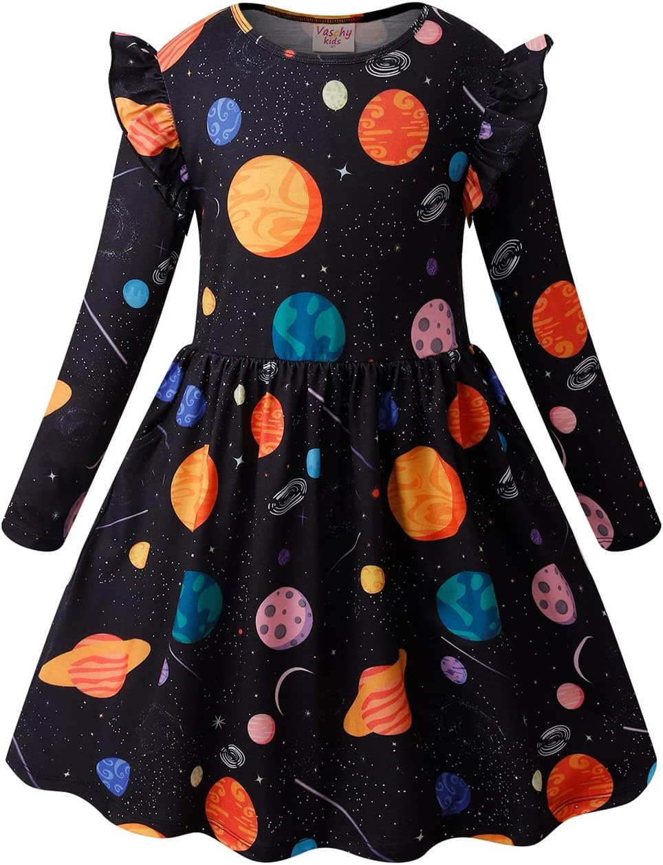 Girls Dress, Soft Twirly Stretchy Casual Ruffle Daily Dress for Toddler/Little/Big Kid Girls Clothing 2-10T Clothes 8-9 Years Space-cx32