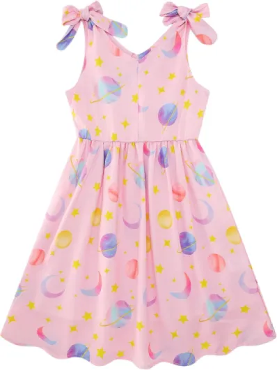 3-10T Girls Dresses Sleeveless Summer Dress Bowknot Strap V Neck Sundress 3-4T Galaxy Pink