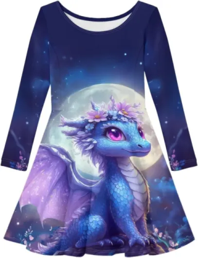 Girls Dress Little Kid Casual Dresses Long Sleeve Swing Dresses 3-14T 7-8 Years Dragon Galaxy