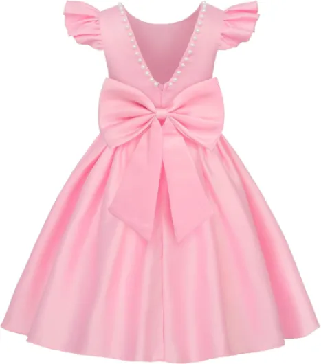 Flower Girl Satin Dress with Pearls Flutter Sleeves V Back Gown with Removable Bow for Wedding Birthday Party Pink 2-3T