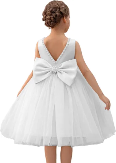 Satin Tulle Flower Girl Dress for Wedding Pearls Bow Knot Birthday Communion Pageant Prom Ball Gown White 4