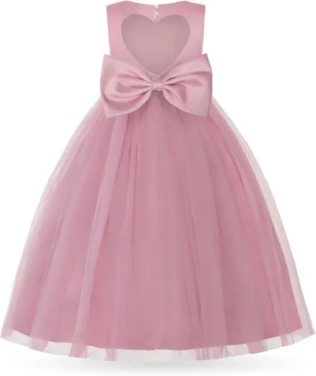Flower Girl Pearl Dress Tulle Ball Gown Bow Prom with Heart Cutout for Wedding Birthday Party Pink 8-9 Years
