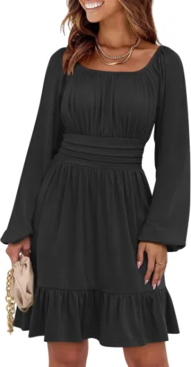 Womens Dress Long Lantern Sleeve Square Neck Elastic Waist Ruffle Flowy Swing A-Line Short Dresses 2025 Fall Fashion Black X-Small