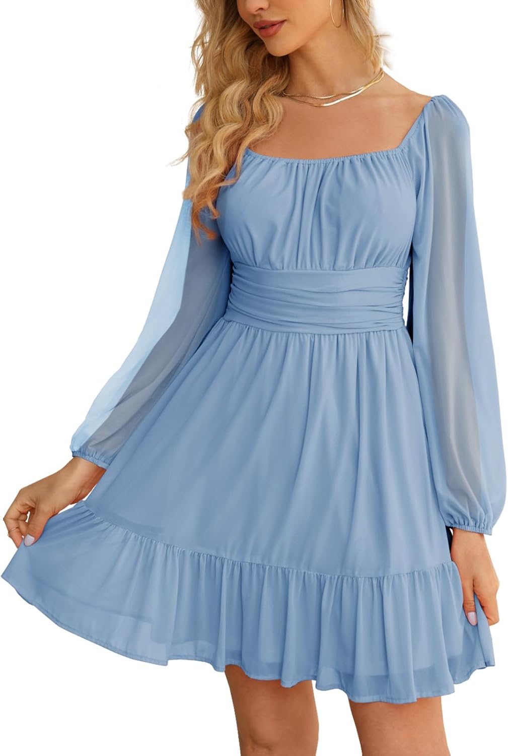 Women's Mesh Long Sleeve Square Neck Dress High Waist A Line Ruffle Hem Flowy Casual Party Mini Dress Light Blue Small