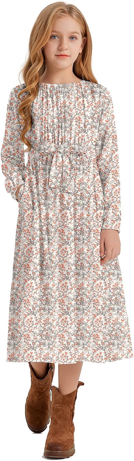 Girls Casual Elastic Crew Neck Floral Printed Solid Color A-line Swing High Waist Midi Belted Dress with Pocket Orange Floral Fall 11-12 Years