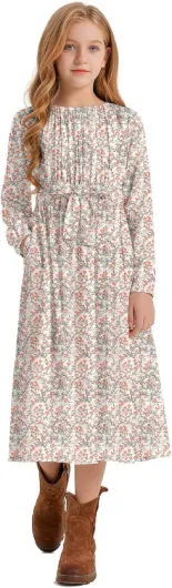 Girls Casual Elastic Crew Neck Floral Printed Solid Color A-line Swing High Waist Midi Belted Dress with Pocket Orange Floral Fall 11-12 Years