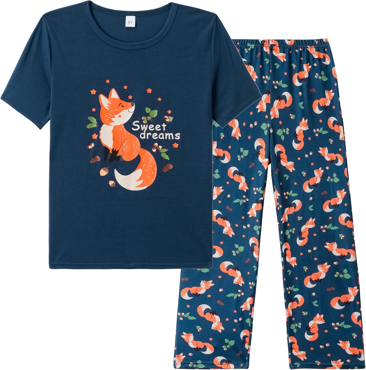Kids Short Sleeve Long Pants Cartoon Cute 2PCS Sleepwear Casual Loungewear Unisex Child Size 6 Years to 14 Years 12 Years Fox/Navy