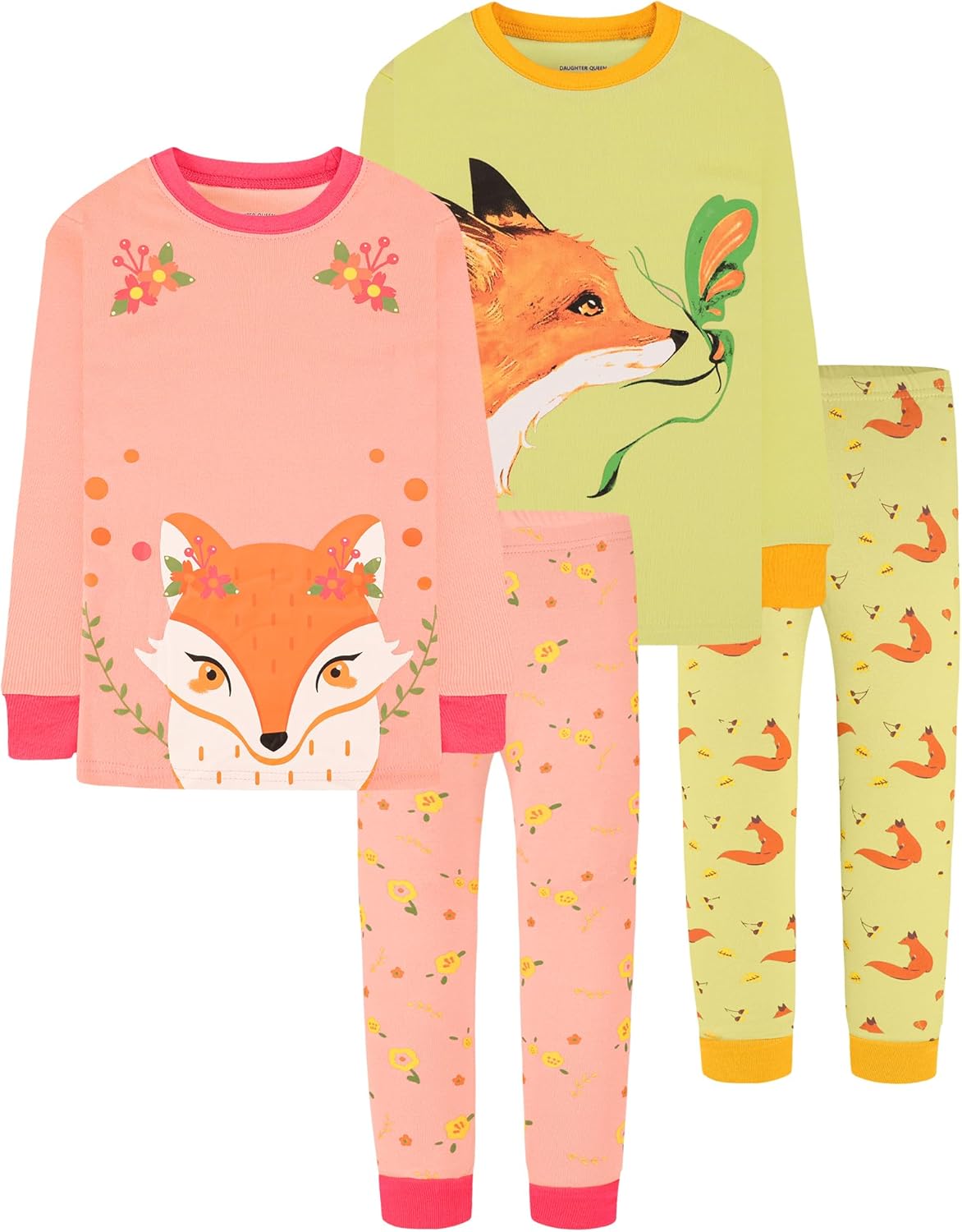Girls 4 Pieces Cotton Pajamas Size 18 Months-12 Years 2T 4pcs-orange/Yellow-fox-lga23
