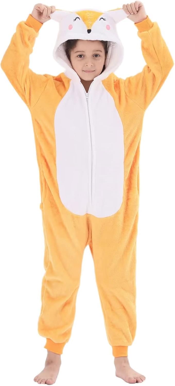 Animal Onesie Costumes for Kids Flannel Onesie Cosplay for Boys Girls Halloween Warm Plush One Piece 110(for height=35-40in) Orange Fox