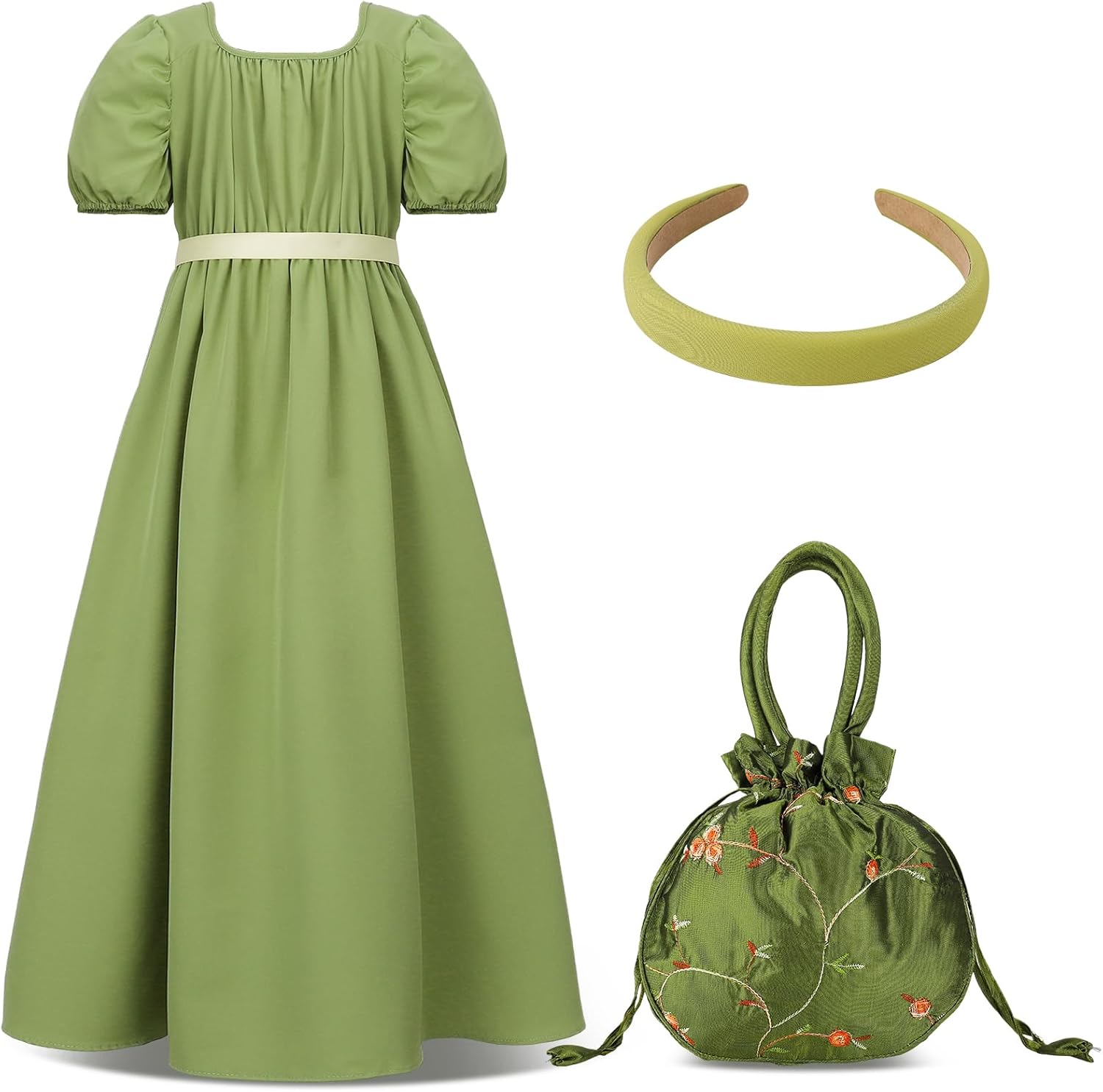 Girls Regency Dress Short Puff Sleeve Long Dress with Satin Sash Medieval Princess Costume Set Green 12 Years