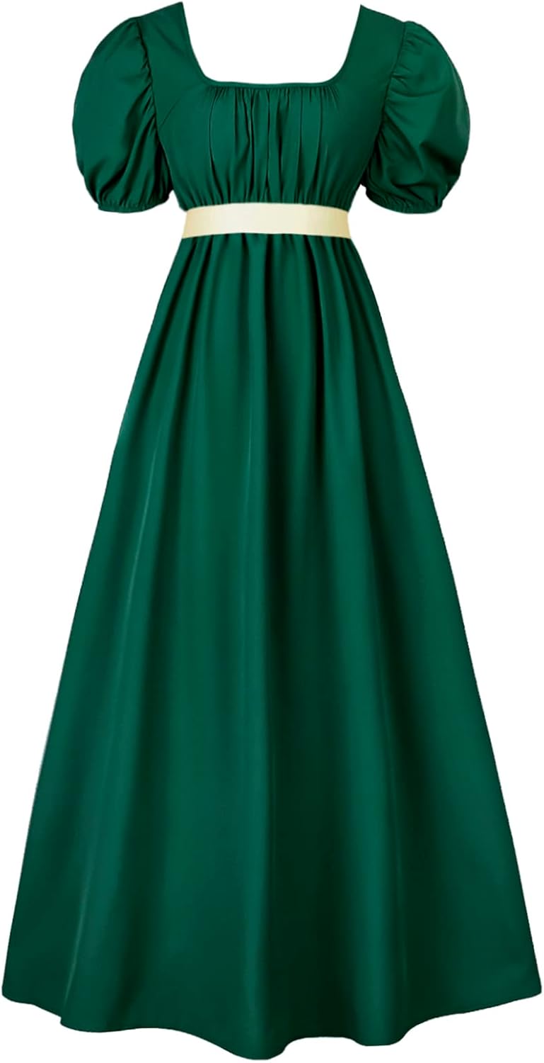 Regency Dresses for Women with Satin Sash Ruffled Puff Sleeve Empire Waist Dress Gown Medium Dark Green