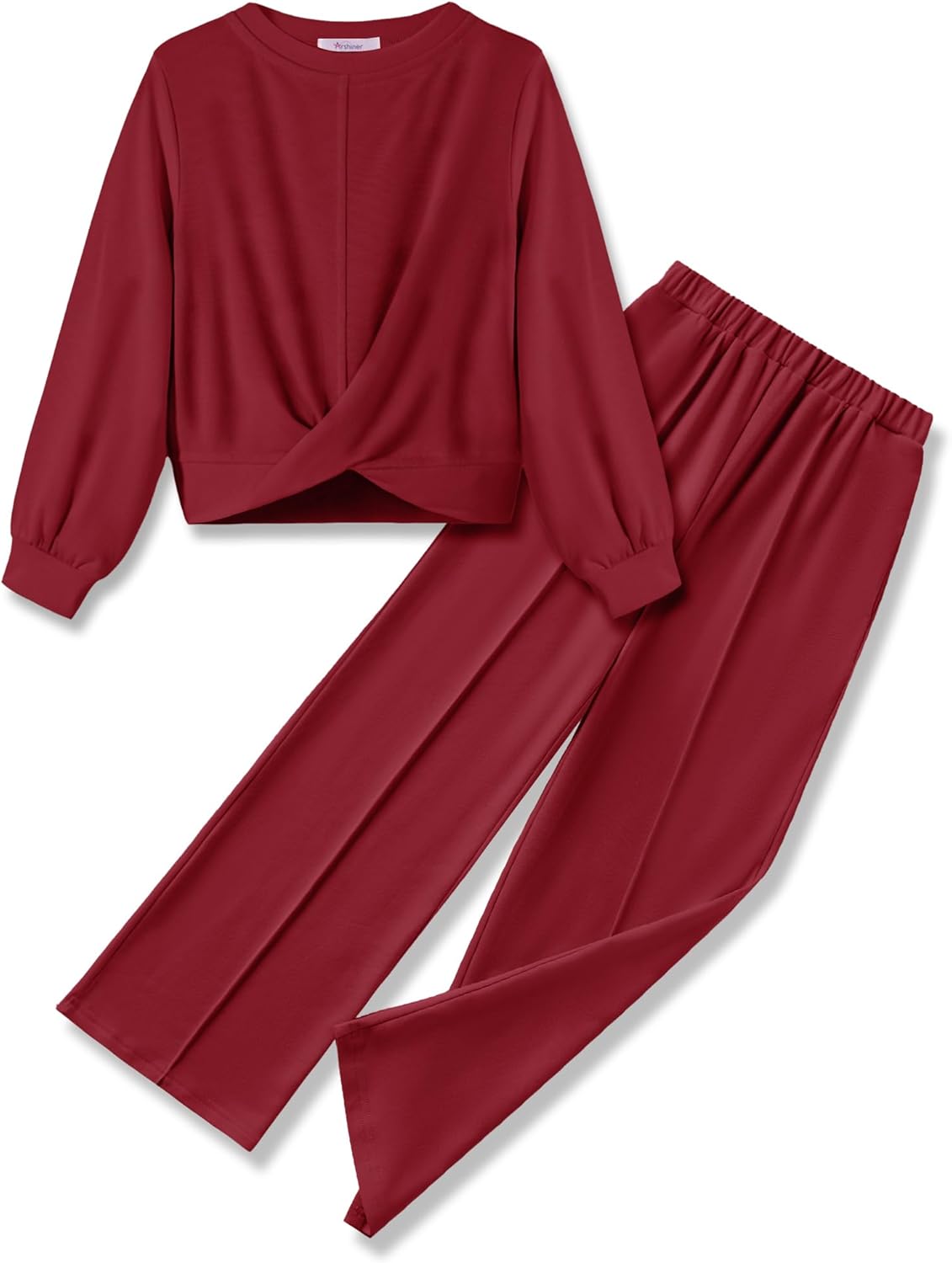 Girls 2 Piece Outfits Sweatsuit Set Twist Front Sweatshirt Wide Leg Sweatpants Tracksuit with Pockets Wine Red 6-7 Years