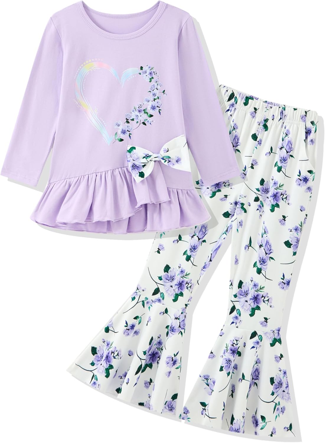 Little Girl Clothes 2-8Years Girls Outfit,Long Sleeve Ruffle Top+Bow ，Flower Flared Pants 2Pcs Fall winter Set Purple 6-7 Years