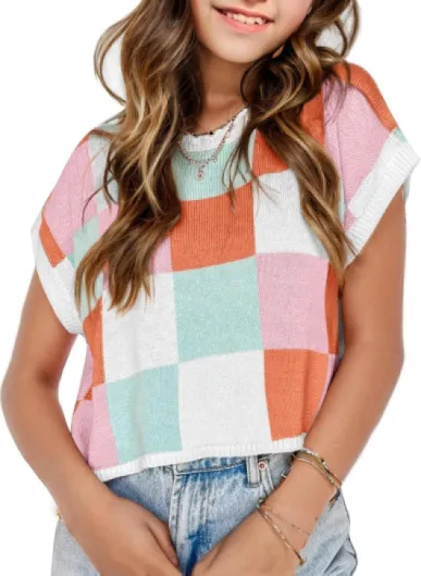 Girls Winter Fall Sweaters Vest Crop Tops Color Block Cap Sleeve Shirts Crew Neck Casual Trendy Kids Knit Cute Top 7-14 Years A-pink 11-12 Years