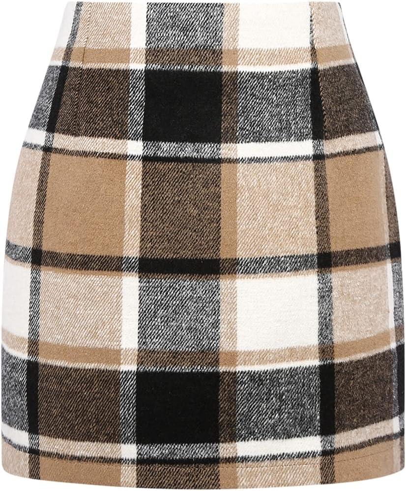 Womens High Waist Plaid Skirt Bodycon Pencil Wool Mini Skirts Small Brown New