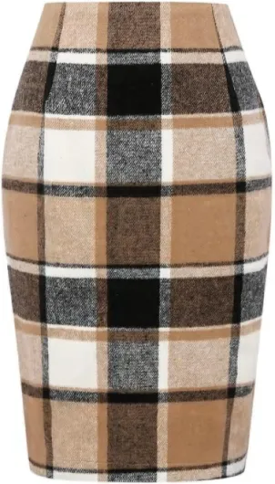 Plaid Skirts for Women Fall Winter Knee Length Pencil Wool Skirt with Slit Medium Brown New