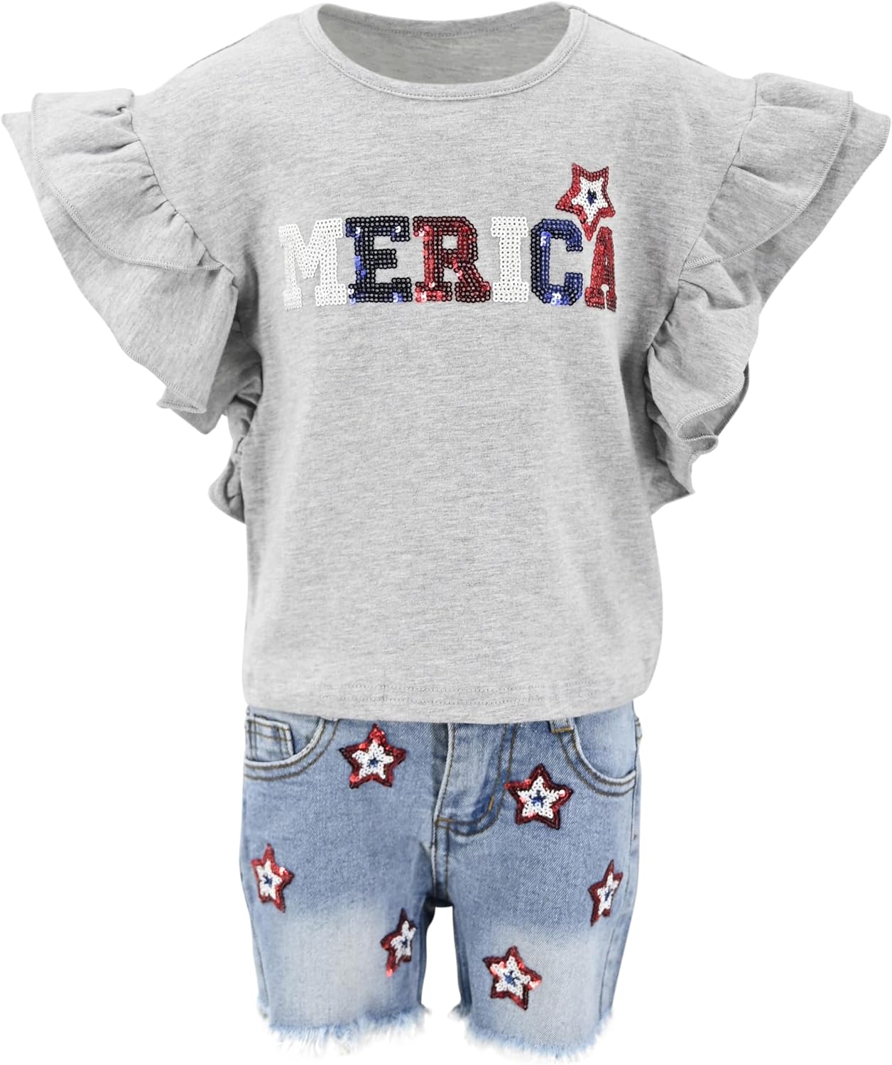 Girls 4th of July Patriotic Denim Flag Shorts Outfit 5T Merica
