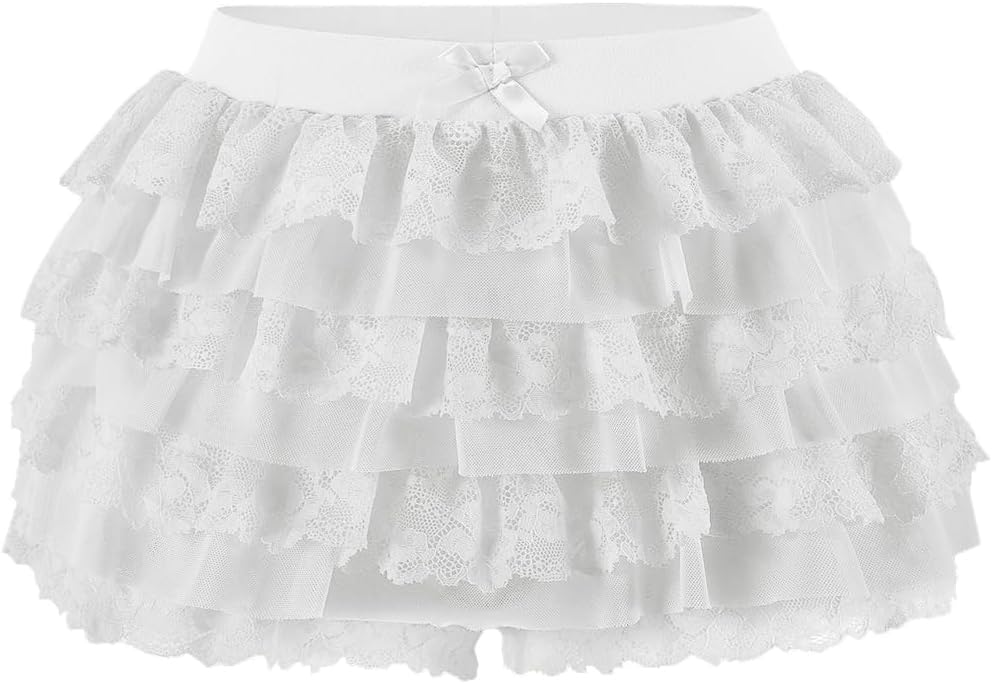 Women Y2K Lace Multi-Layered Bloomers, Lolita Ruffle Shorts, Sexy Short Pumpkin Pants, Elastic Waist Sweet Pettipants X-Large White